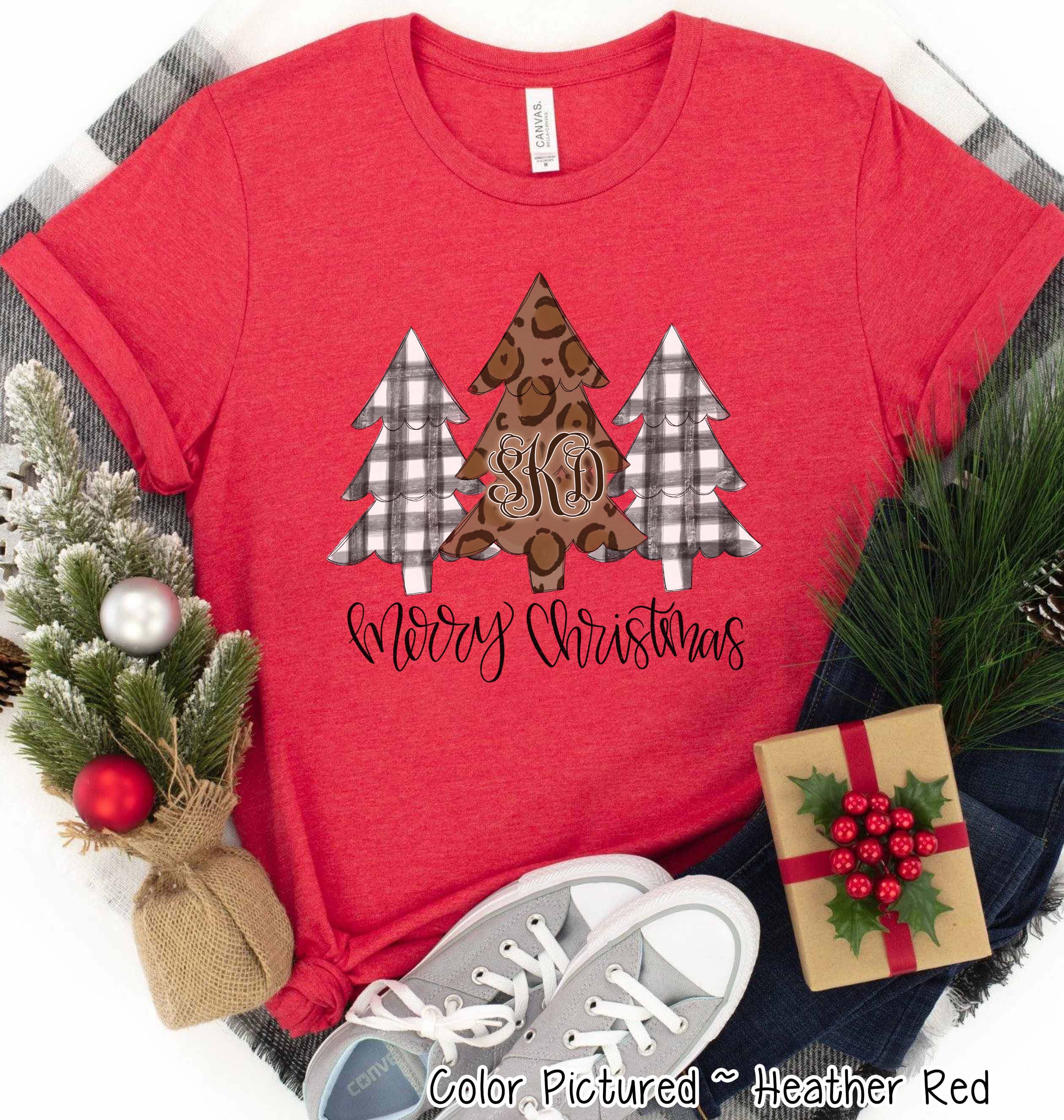 Monogrammed Black Buffalo Plaid and Leopard Christmas Trees Tee
