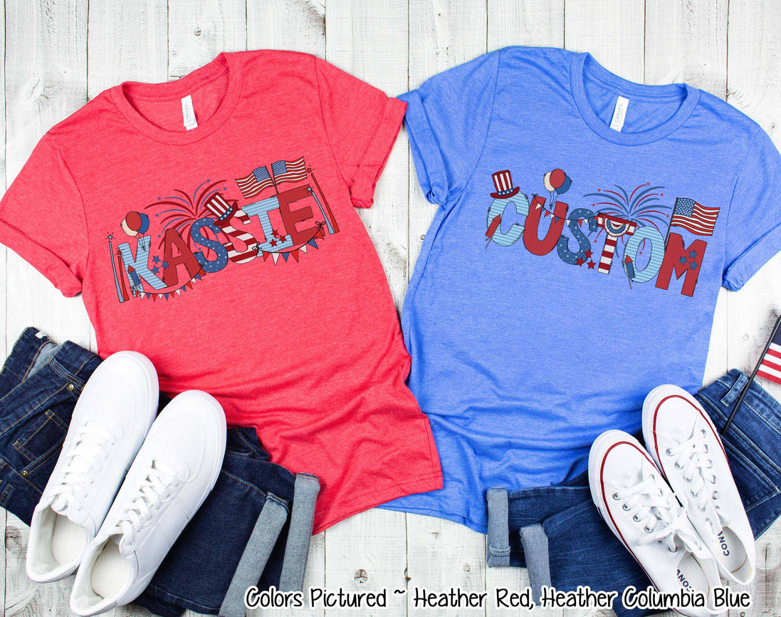 Patriotic Red White Blue Doodle Custom Family Matching Name Tee