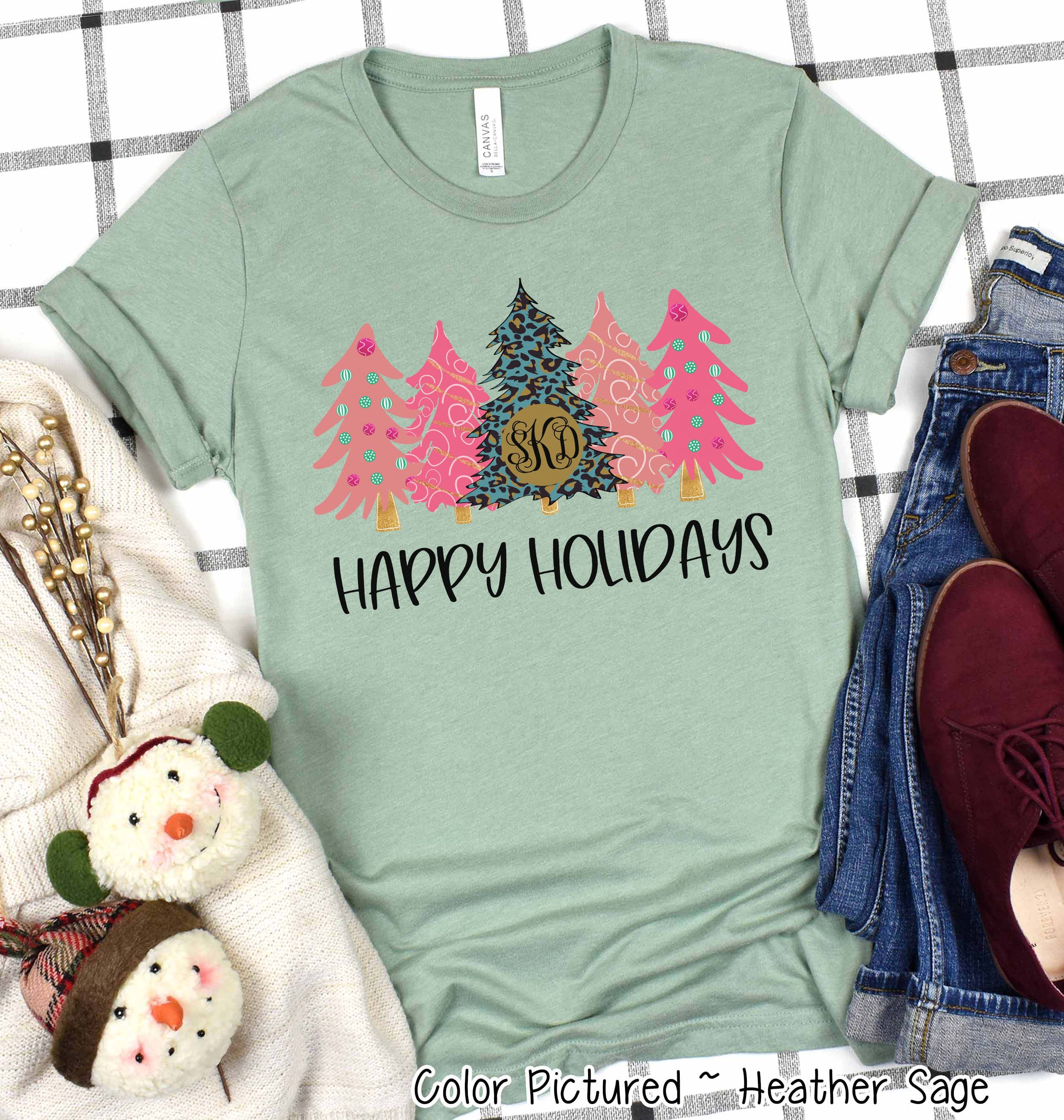 Monogrammed Blue Leopard and Pink Christmas Trees Tee