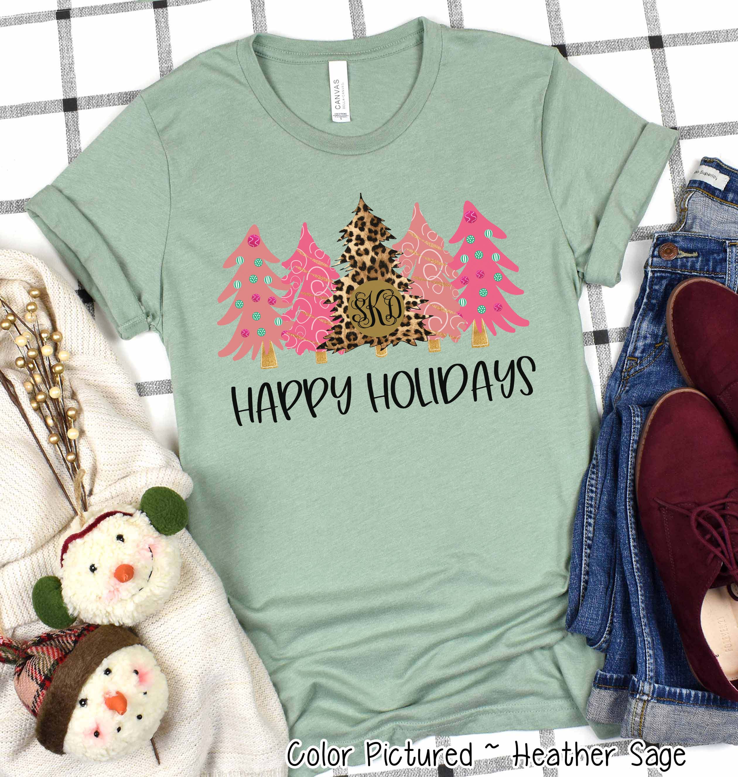 Monogrammed Leopard and Pink Christmas Trees Tee