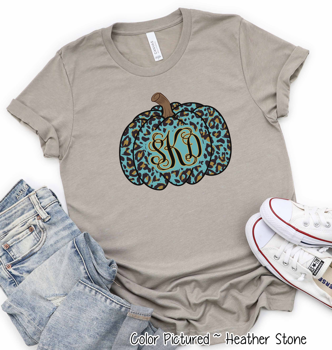 Blue Leopard Monogram Pumpkin Fall Tee