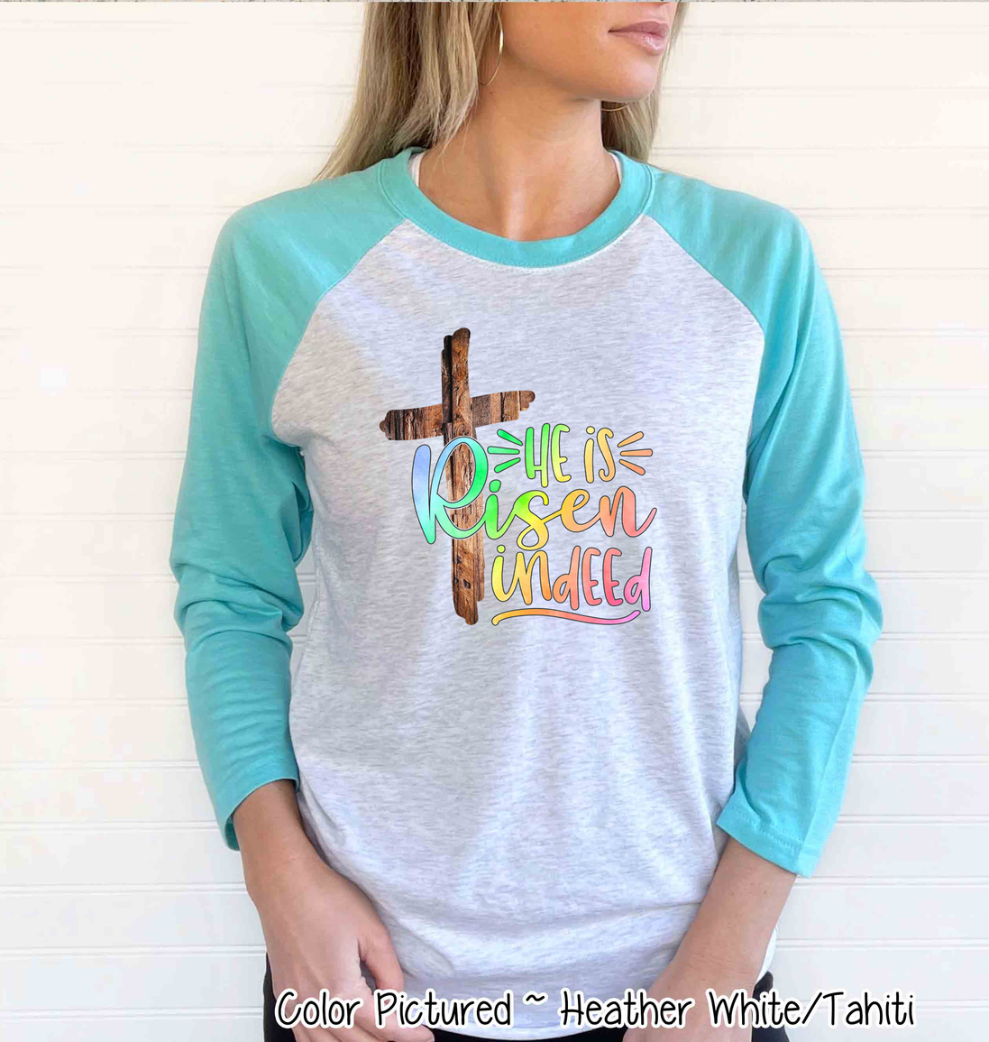 He Is Risen Cross Easter Raglan Tee