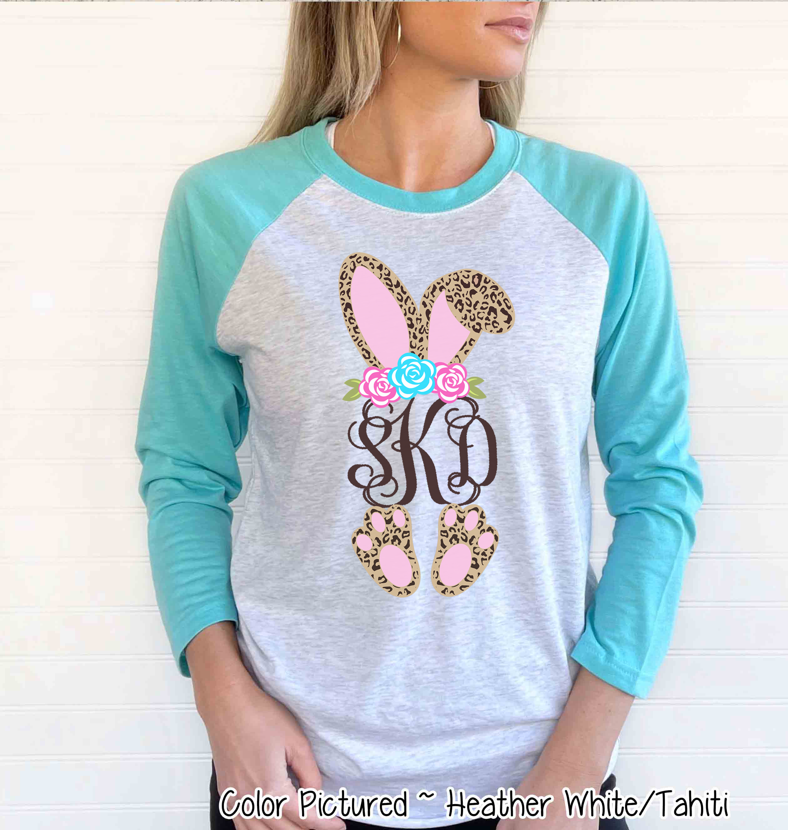 Monogram Cheetah Leopard Print Bunny Ears Easter Raglan Tee