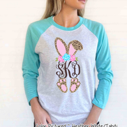 Monogram Cheetah Leopard Print Bunny Ears Easter Raglan Tee