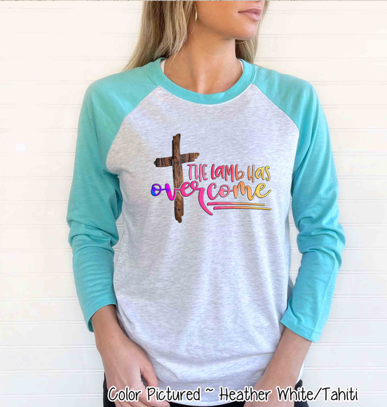 The Lamb has Overcome Cross Raglan Tee
