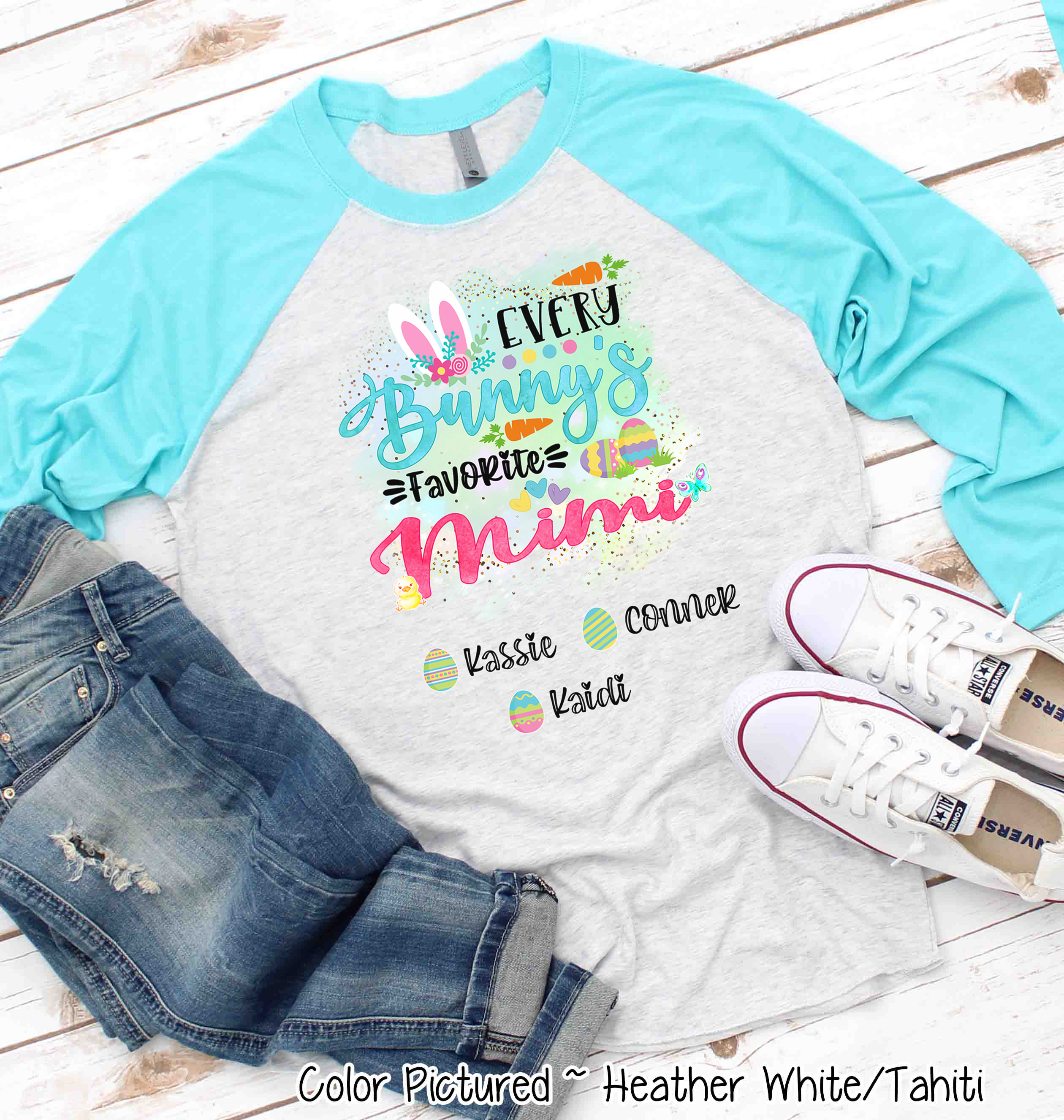 Personalized Shirt For Mimi Every Bunny's Favorite & Easter Eggs with Custom Grandkids Name Easter Day Raglan Tee
