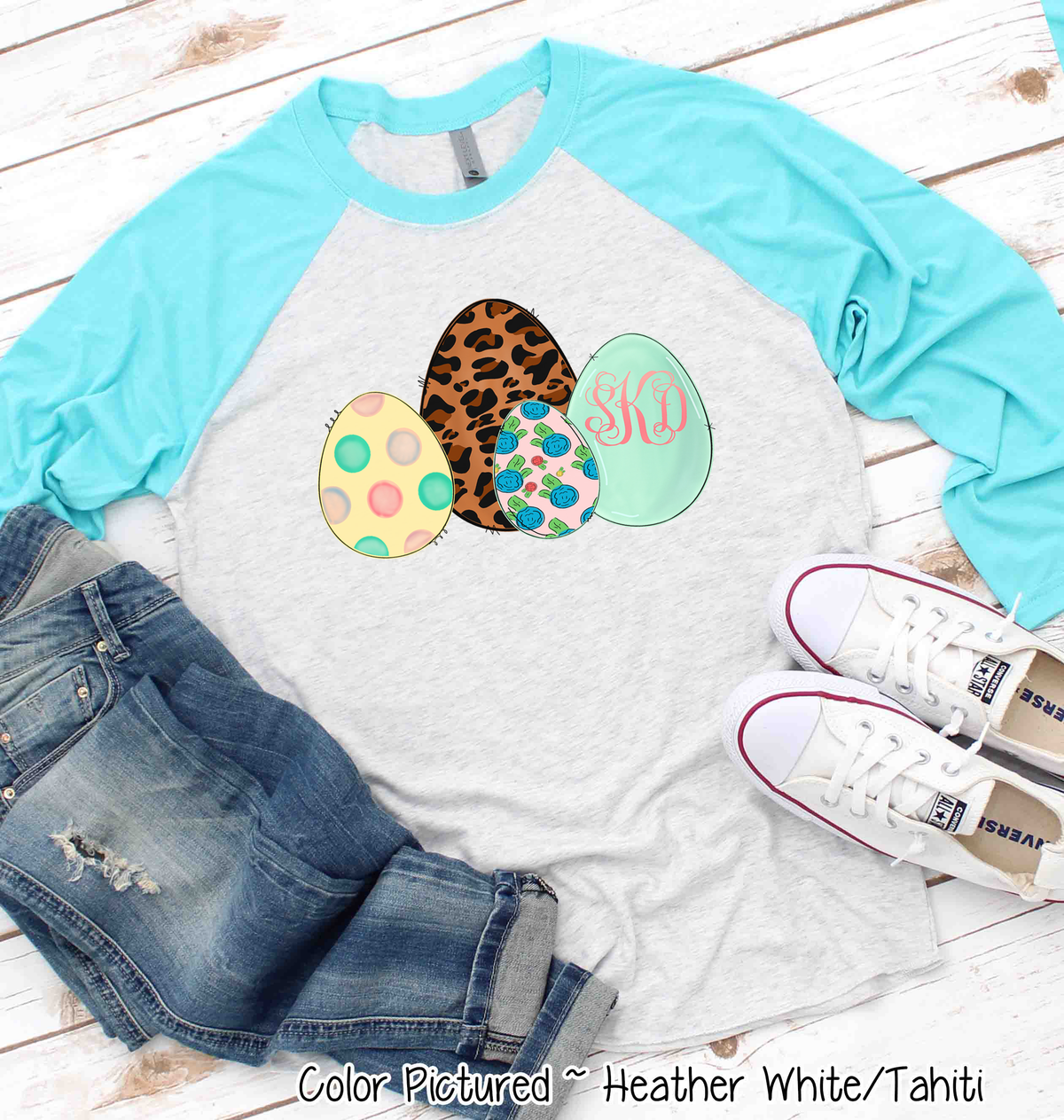 Monogram Leopard Print Easter Eggs Raglan Tee