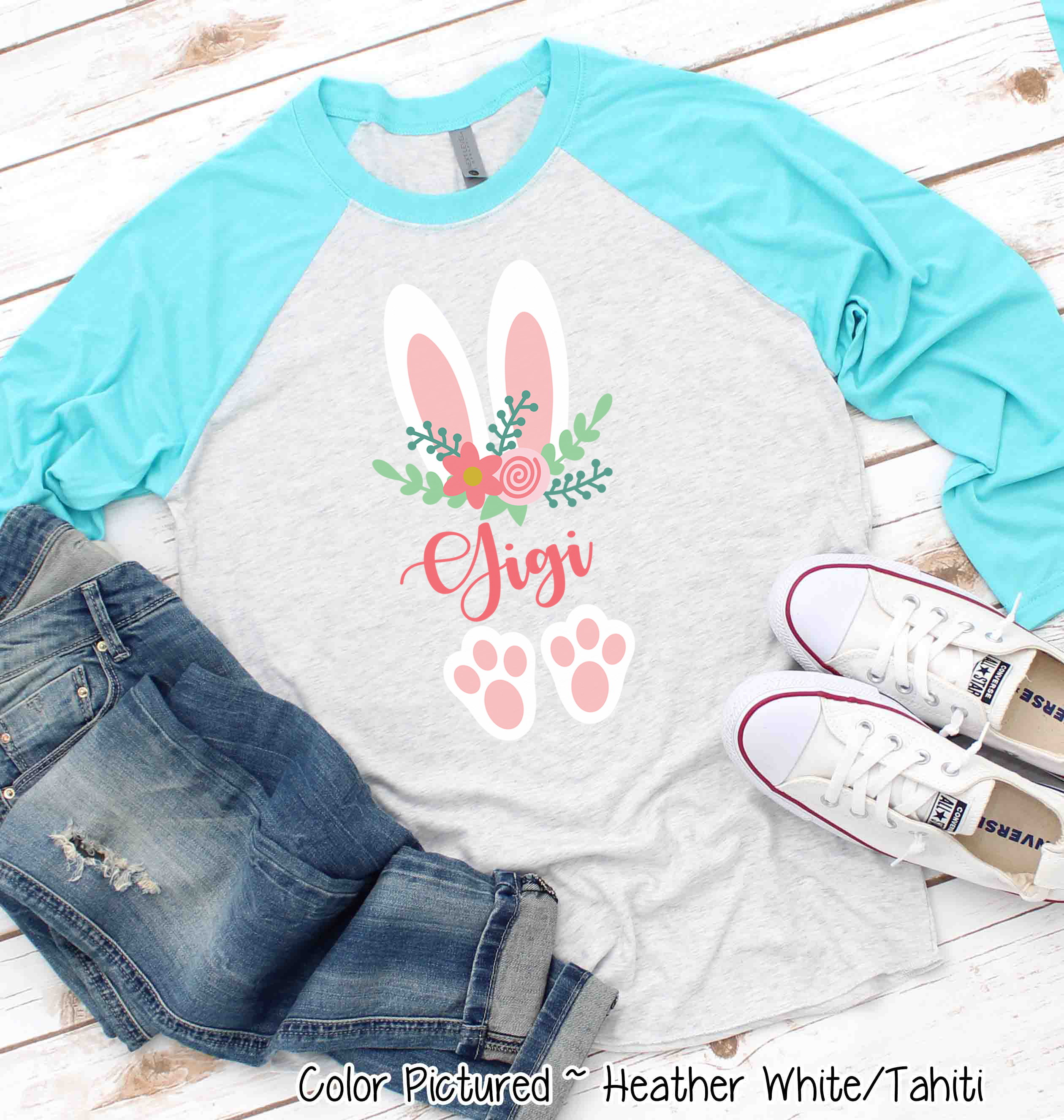 Floral Bunny Ears & Feet with Gigi Easter Raglan Tee
