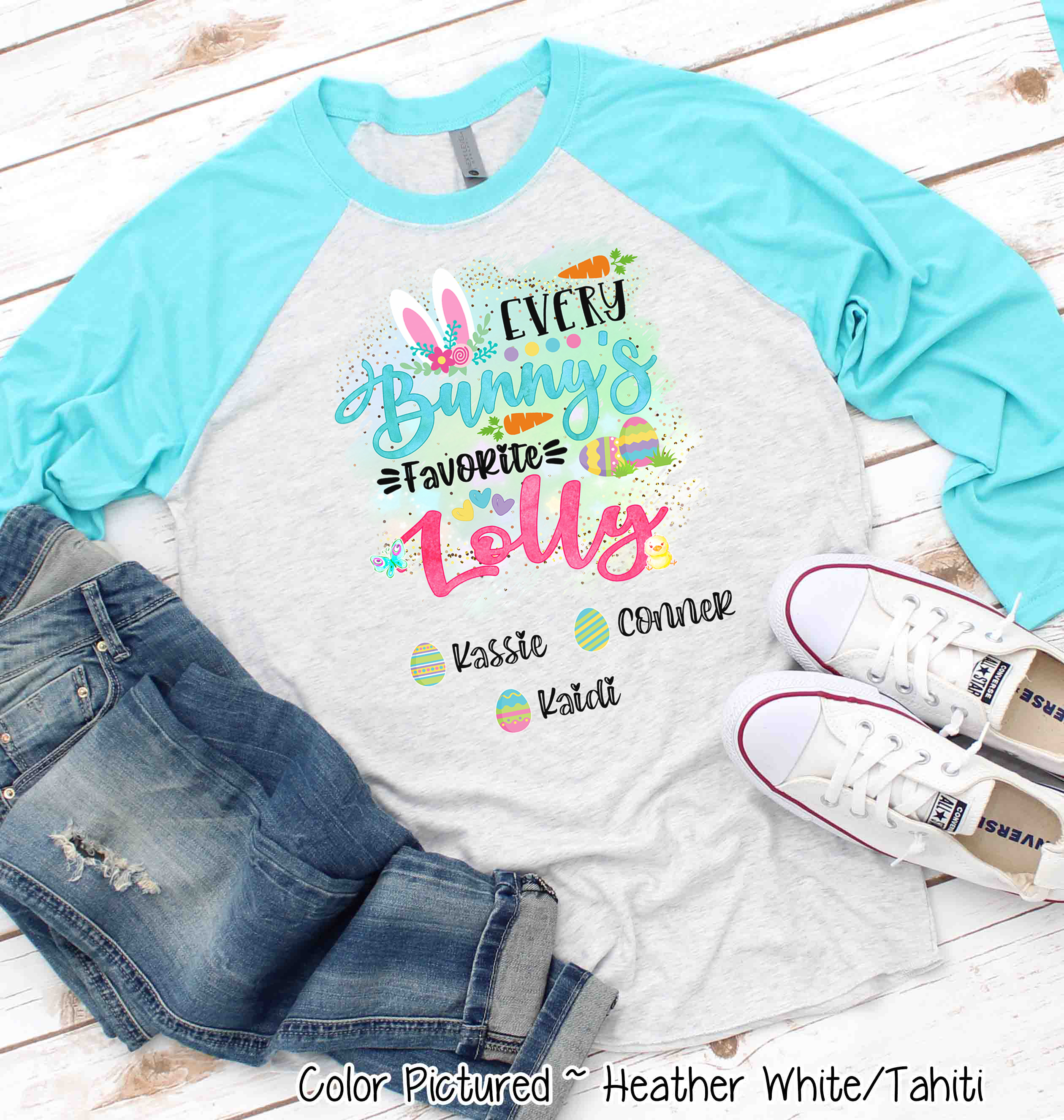 Personalized Shirt For Lolly Every Bunny's Favorite & Easter Eggs with Custom Grandkids Name Easter Day Raglan Tee