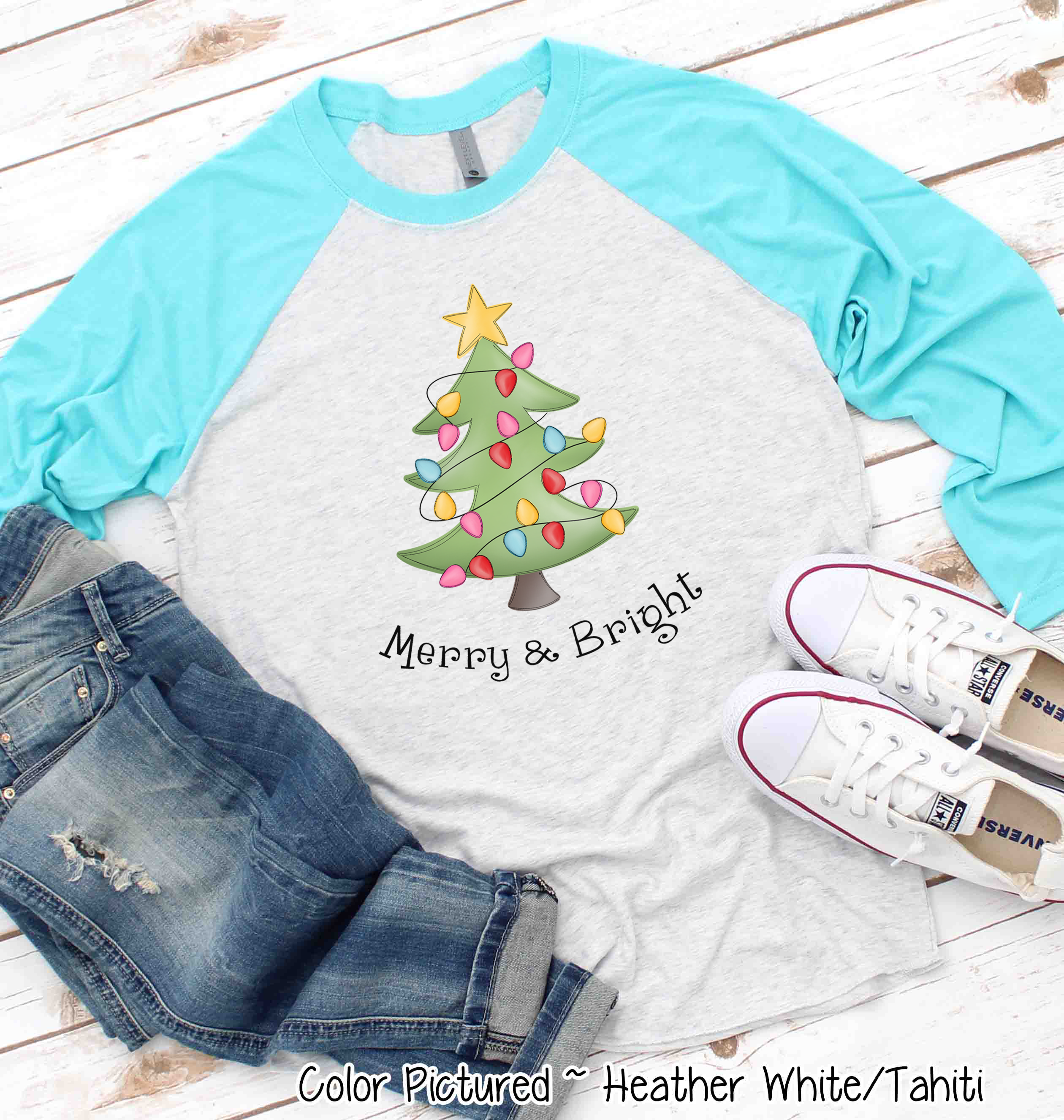 Merry & Bright Christmas Tree Raglan Tee