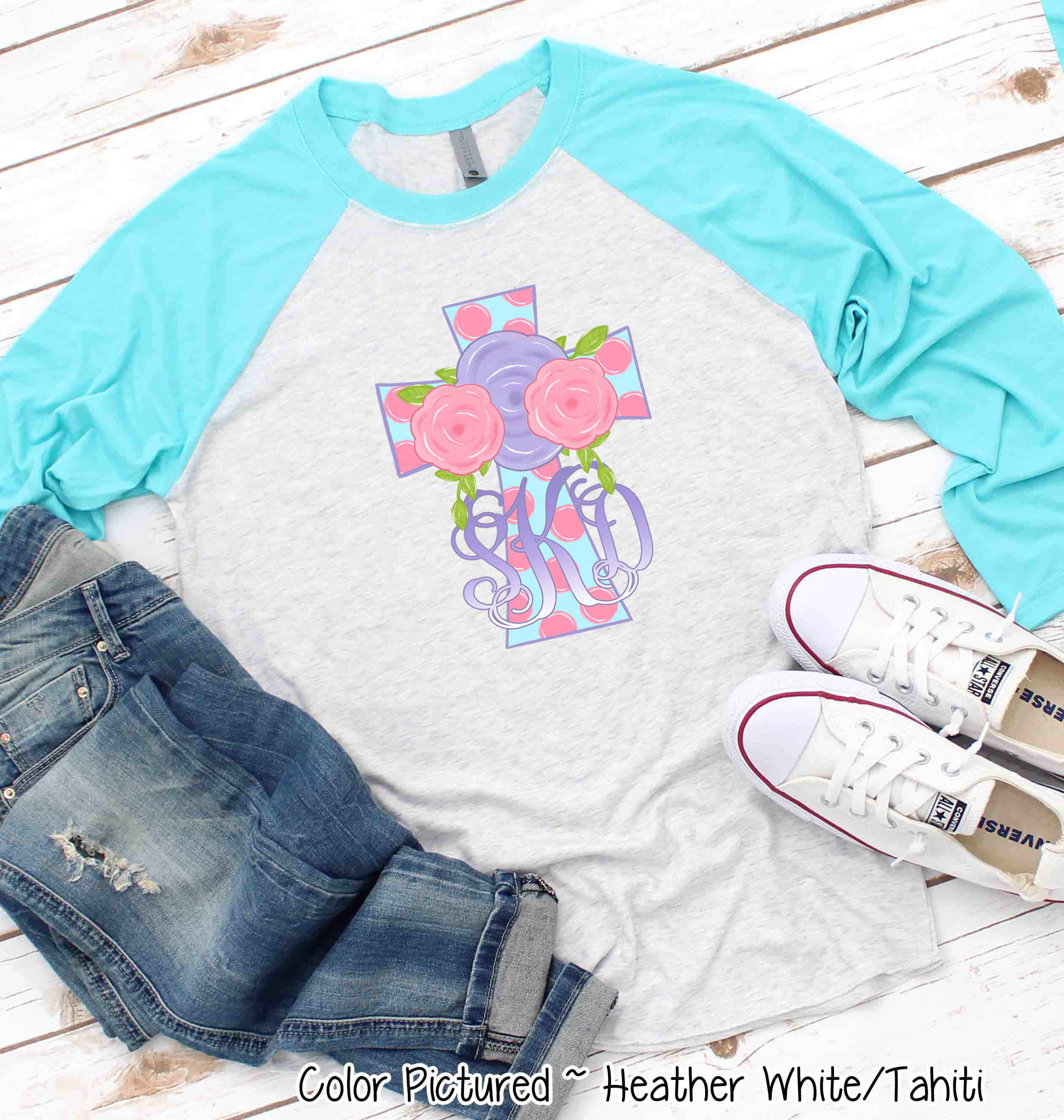 Monogram Pink Polka Dot Easter Cross Raglan Tee