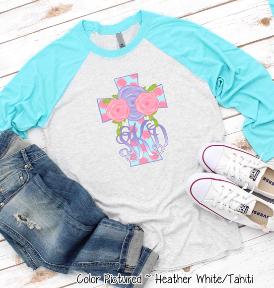Monogram Pink Polka Dot Easter Cross Raglan Tee
