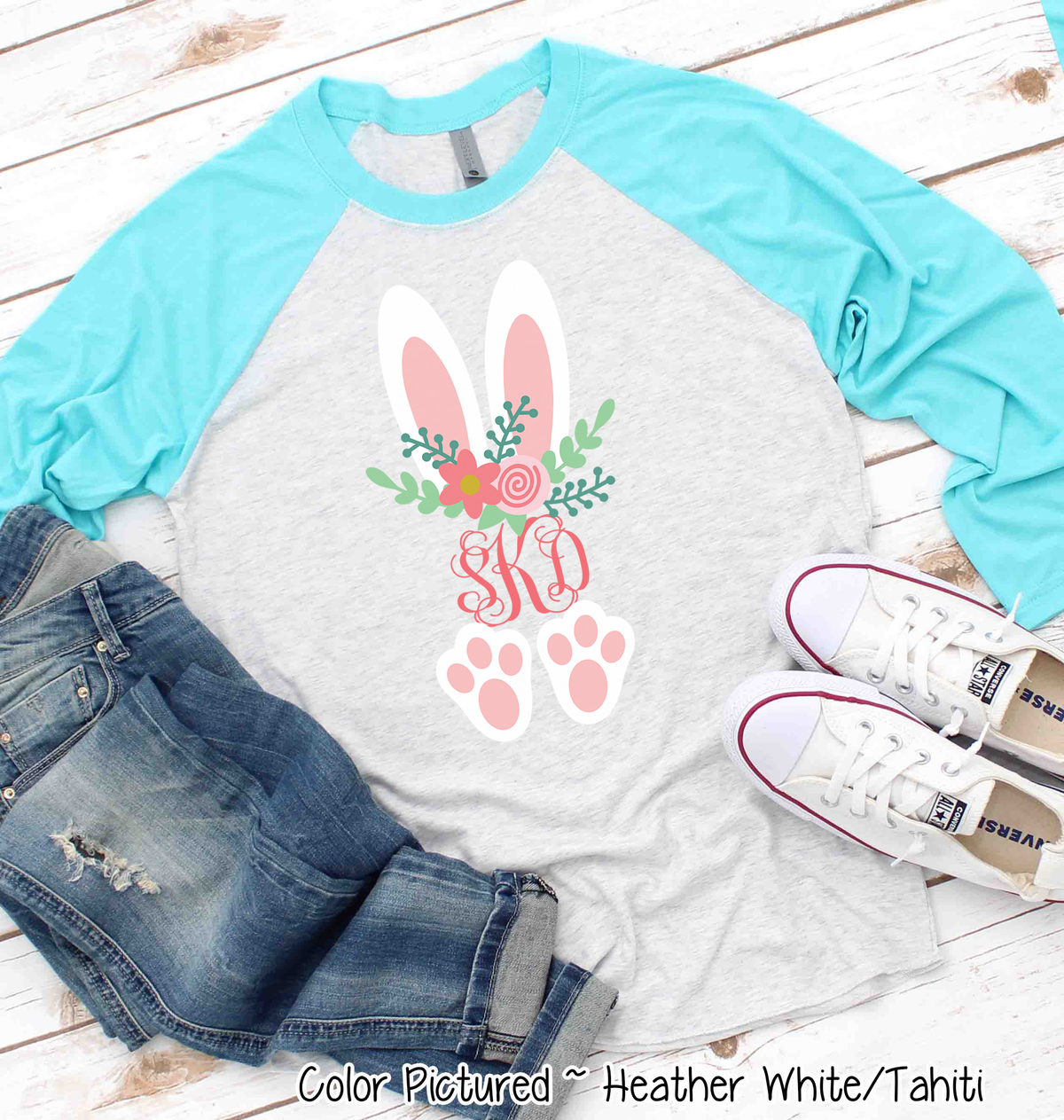 Monogram Floral Bunny Ears & Feet Easter Raglan Tee