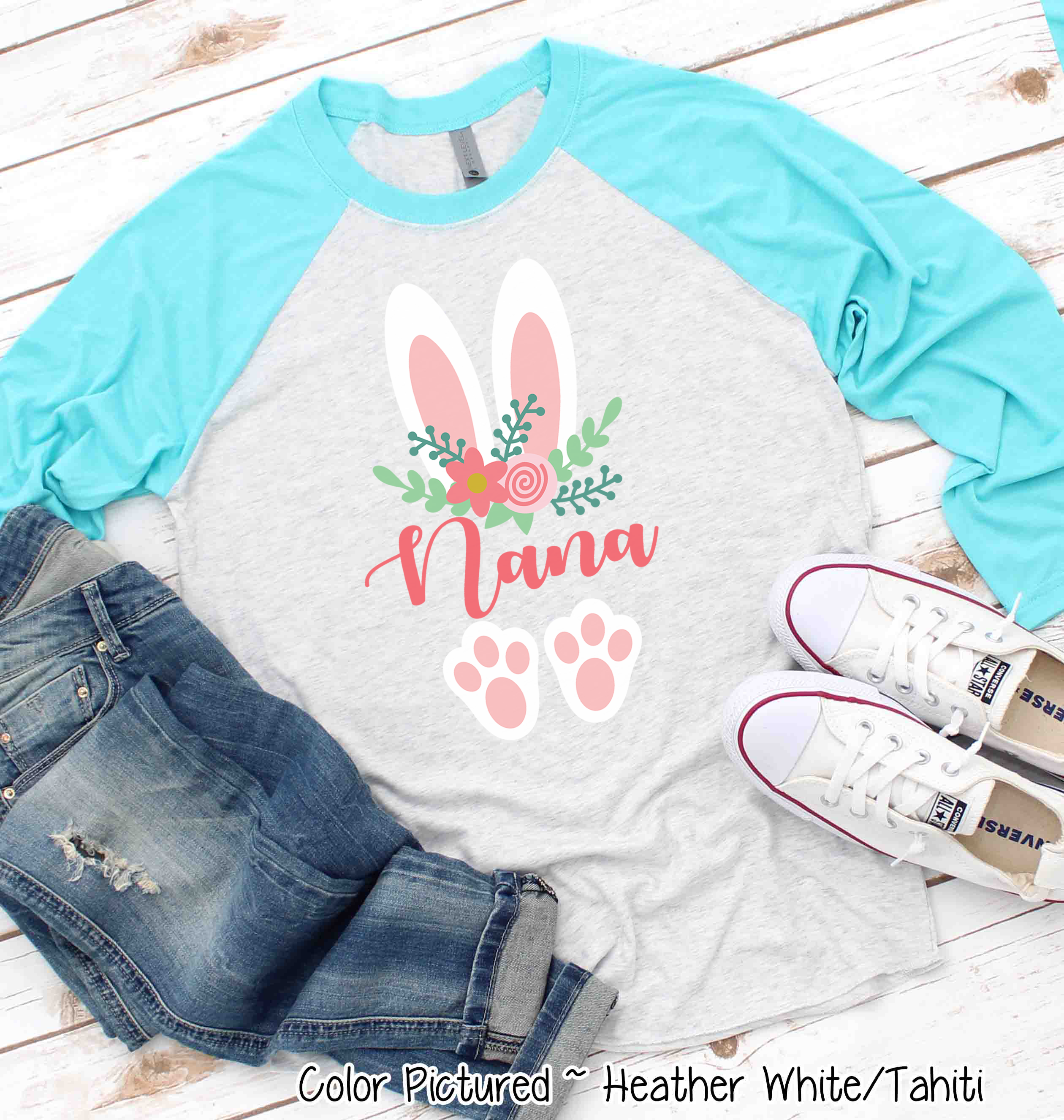 Floral Bunny Ears & Feet with Nana Easter Raglan Tee