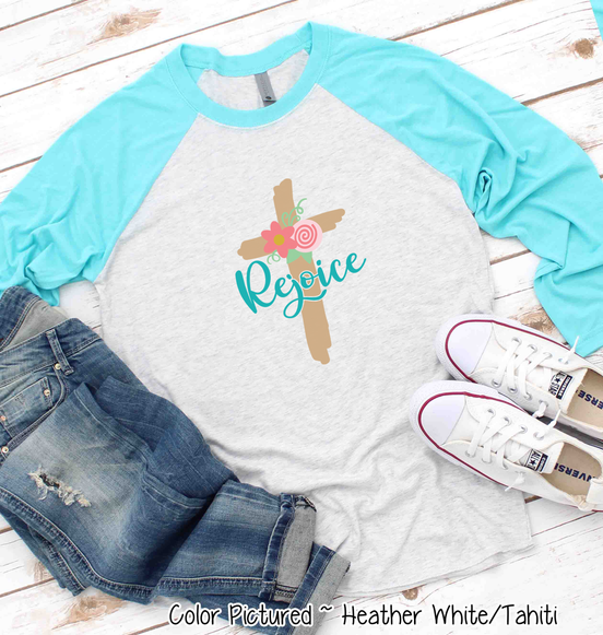 Rejoice Floral Cross Easter Raglan Tee