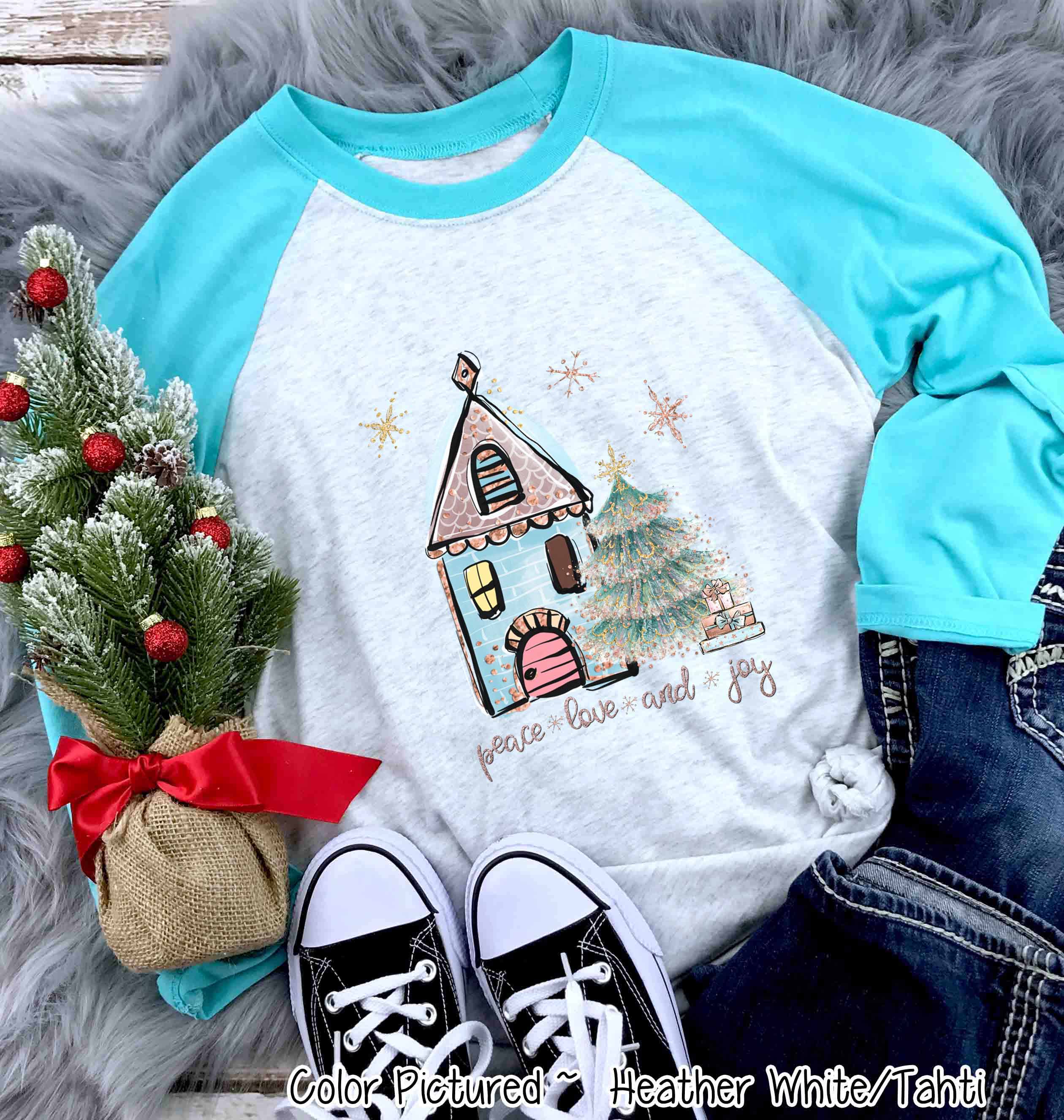 Peace Love Joy House Christmas Raglan Tee