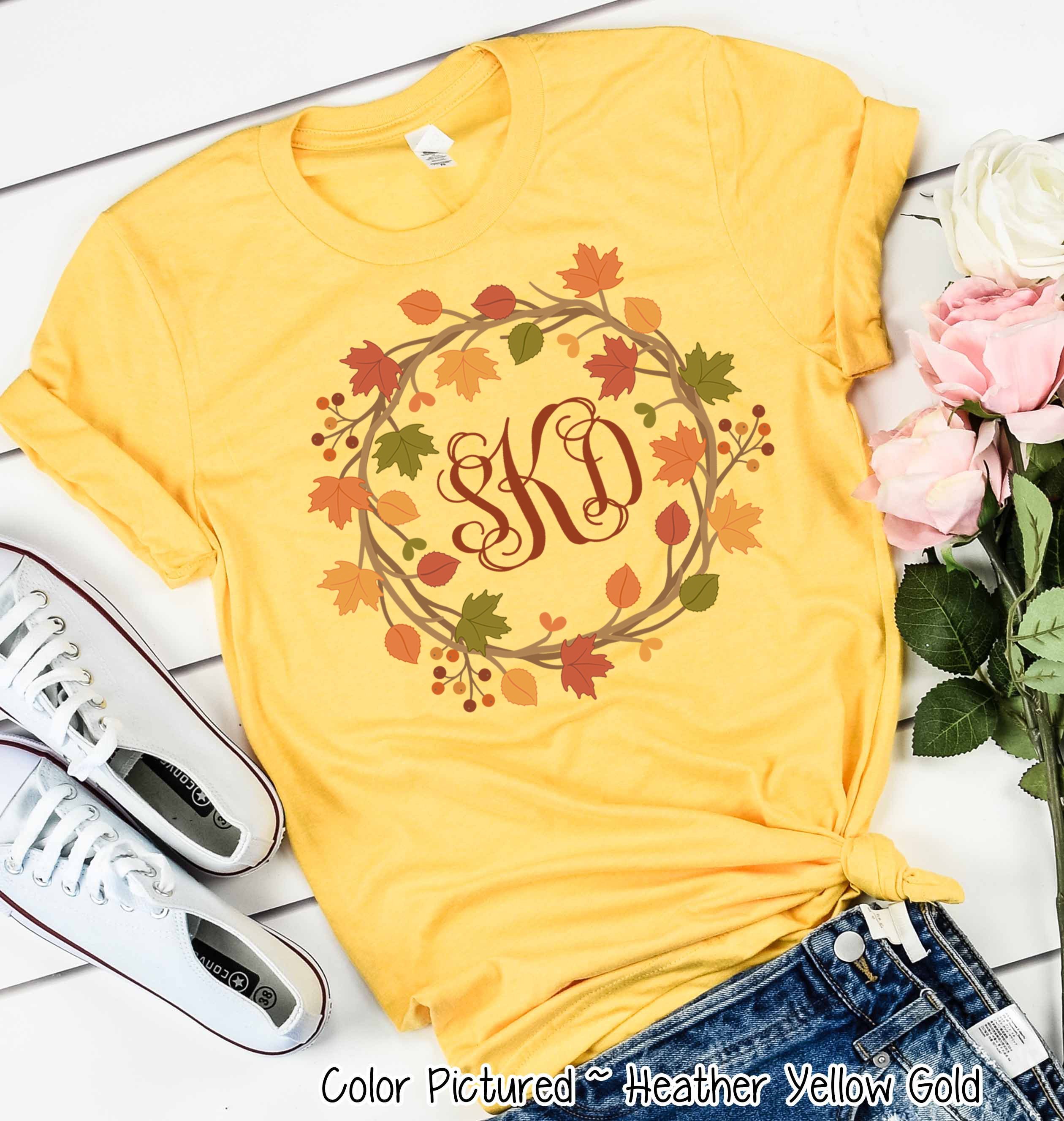 Fall Leaves Monogram Wreath Tee