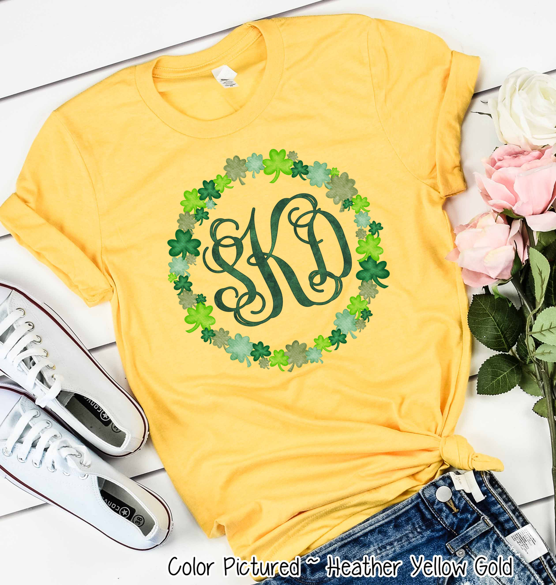 Monogram Watercolor Shamrock Wreath St Patricks Day Tee