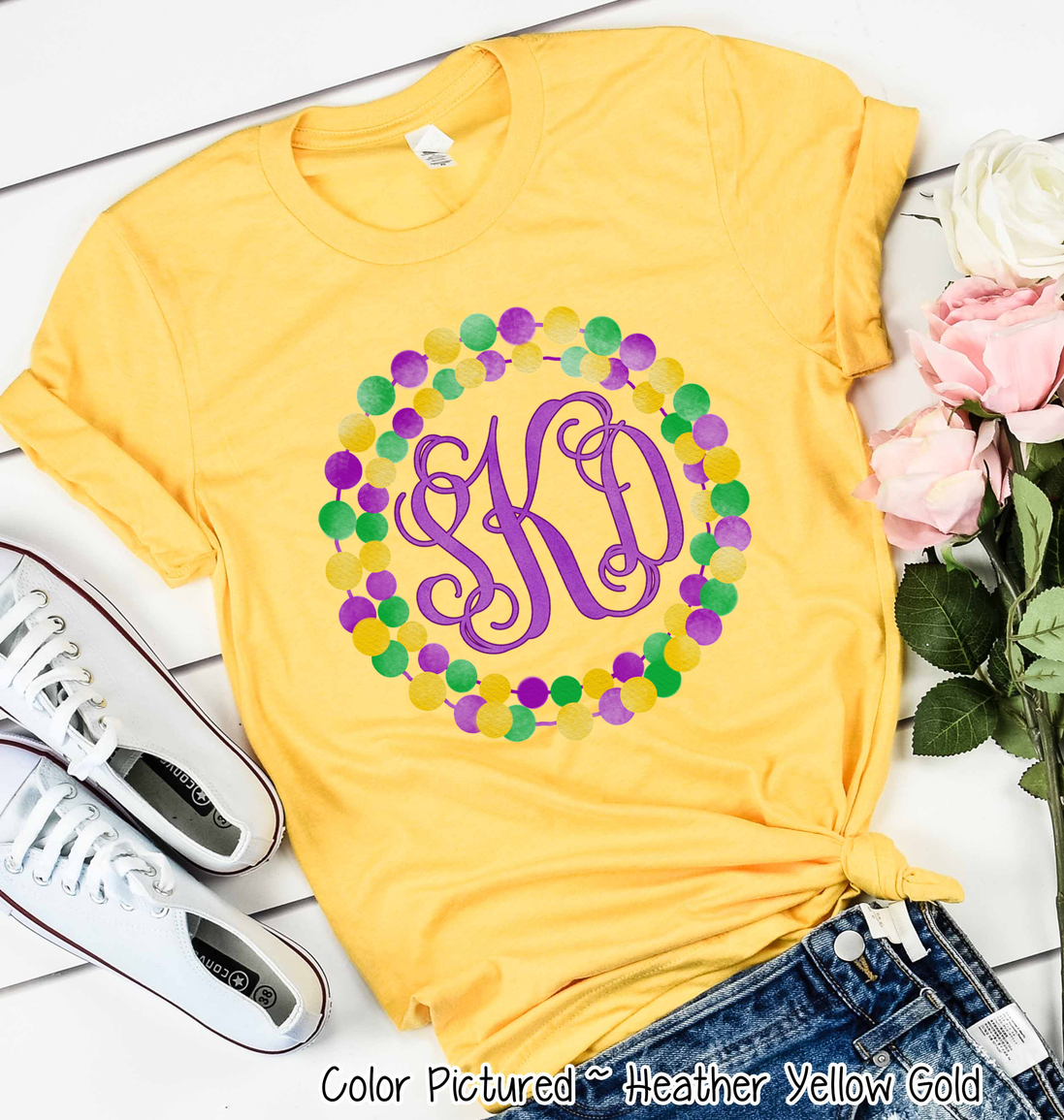 Monogram Mardi Gras Beads Wreath Tee