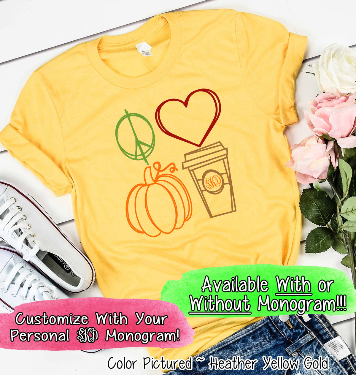 Peace Love Pumpkin Latte Monogram Fall Tee