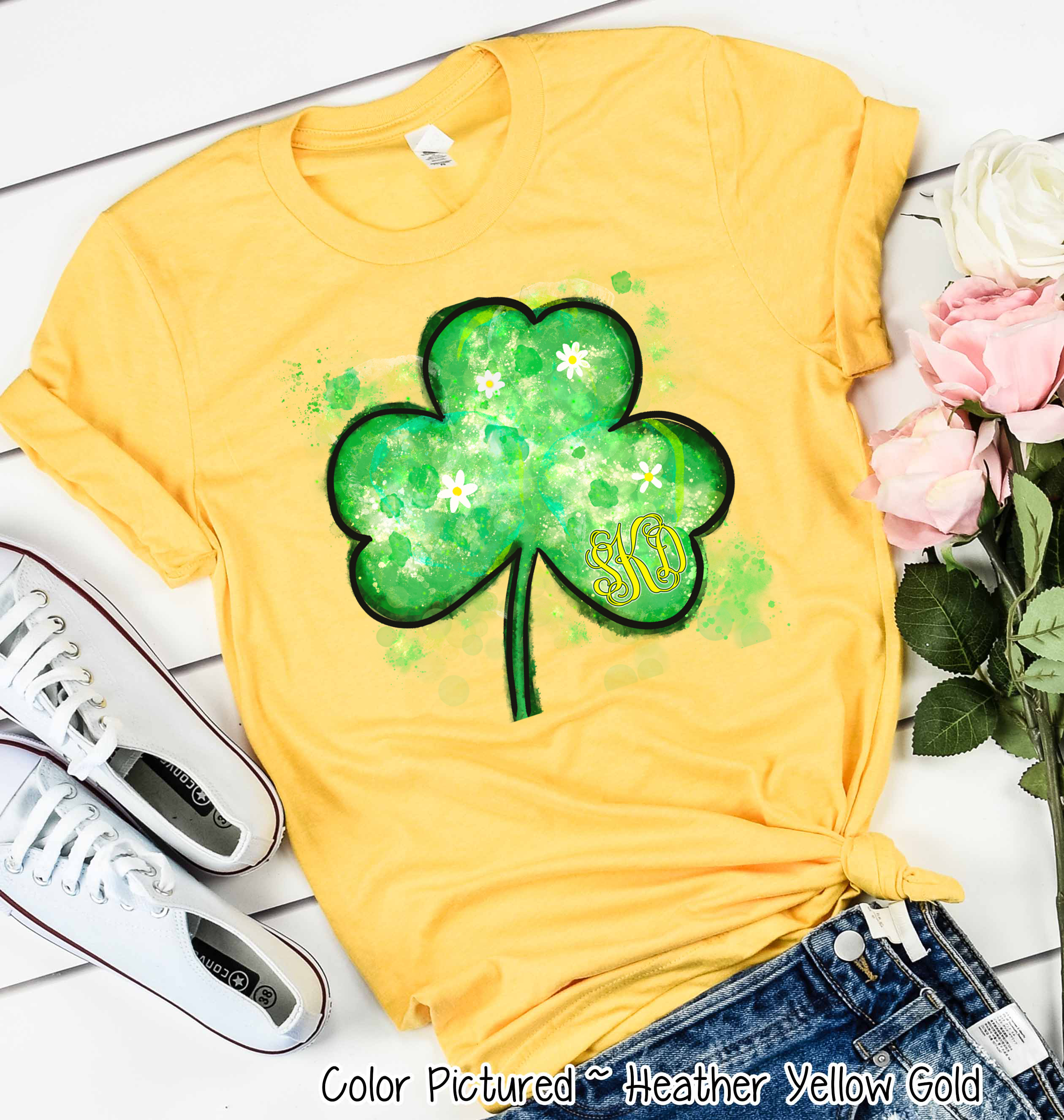 Monogram Watercolor Shamrock St Patricks Day Tee
