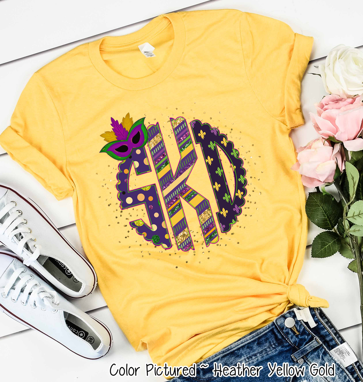 Big Monogram Mardi Gras Print with Mask Accent Tee