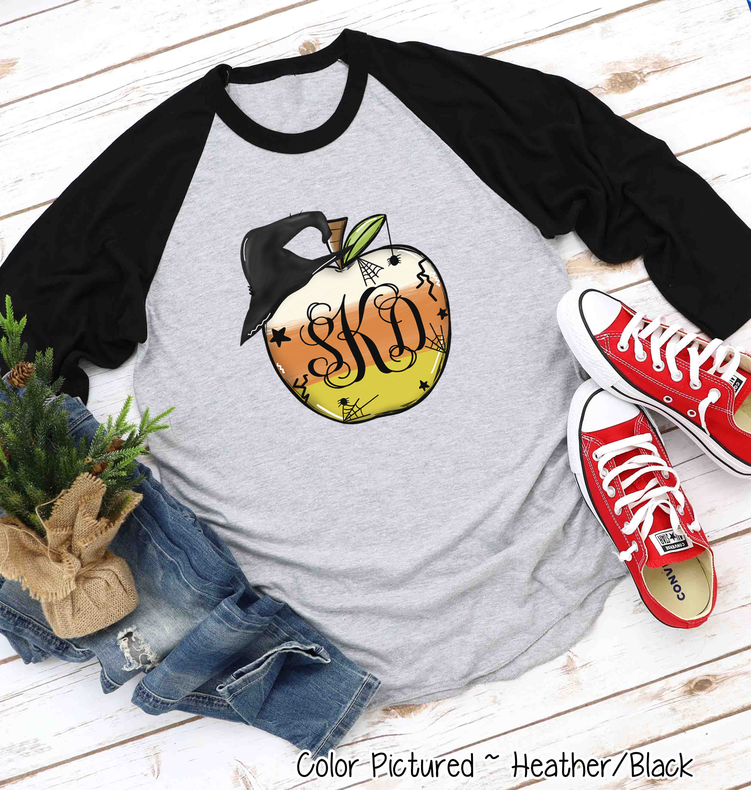 Monogramed Candy Corn Apple Halloween Teacher Raglan Tee