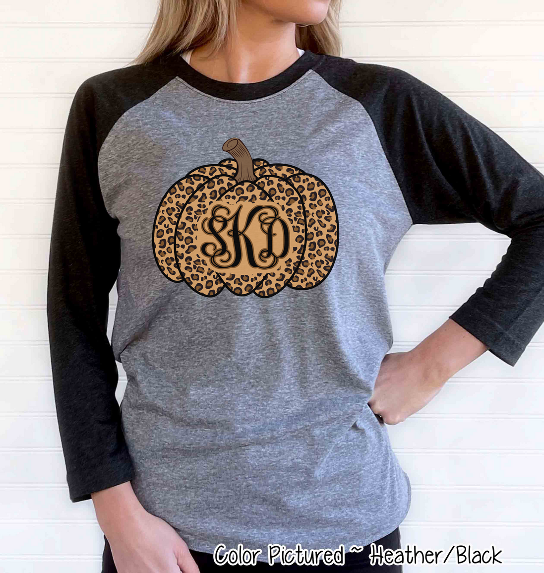 Leopard Monogram Pumpkin Fall Raglan Tee