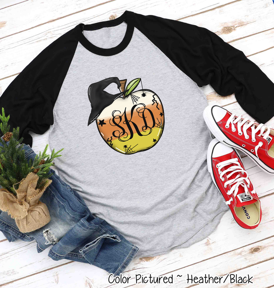 Monogramed Candy Corn Apple Halloween Teacher Raglan Tee