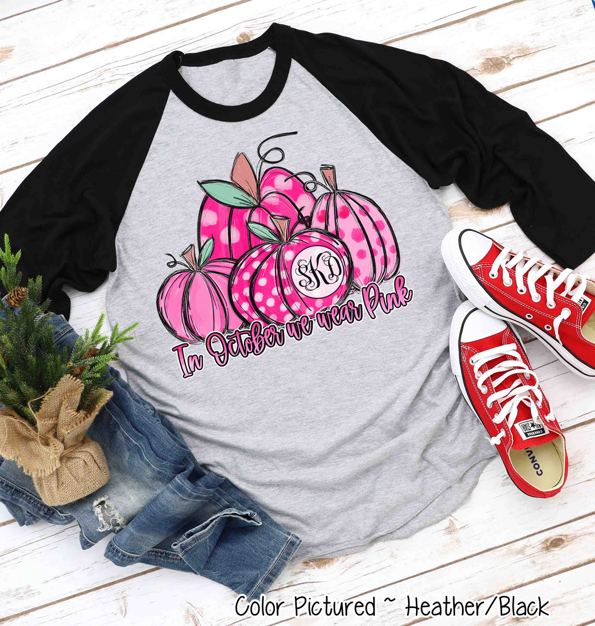 Pink Monogrammed Pumpkins ~ In October We Wear Pink ~ Breast Cancer Awareness Raglan Tee