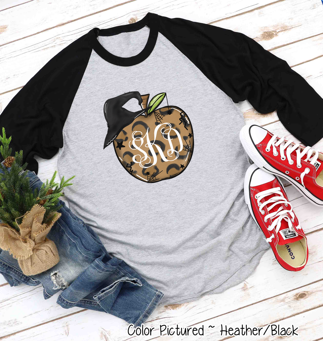 Monogramed Leopard Apple Halloween Teacher Raglan Tee