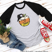 Trick or Teach Candy Corn Apple Halloween Teacher Raglan Shirt