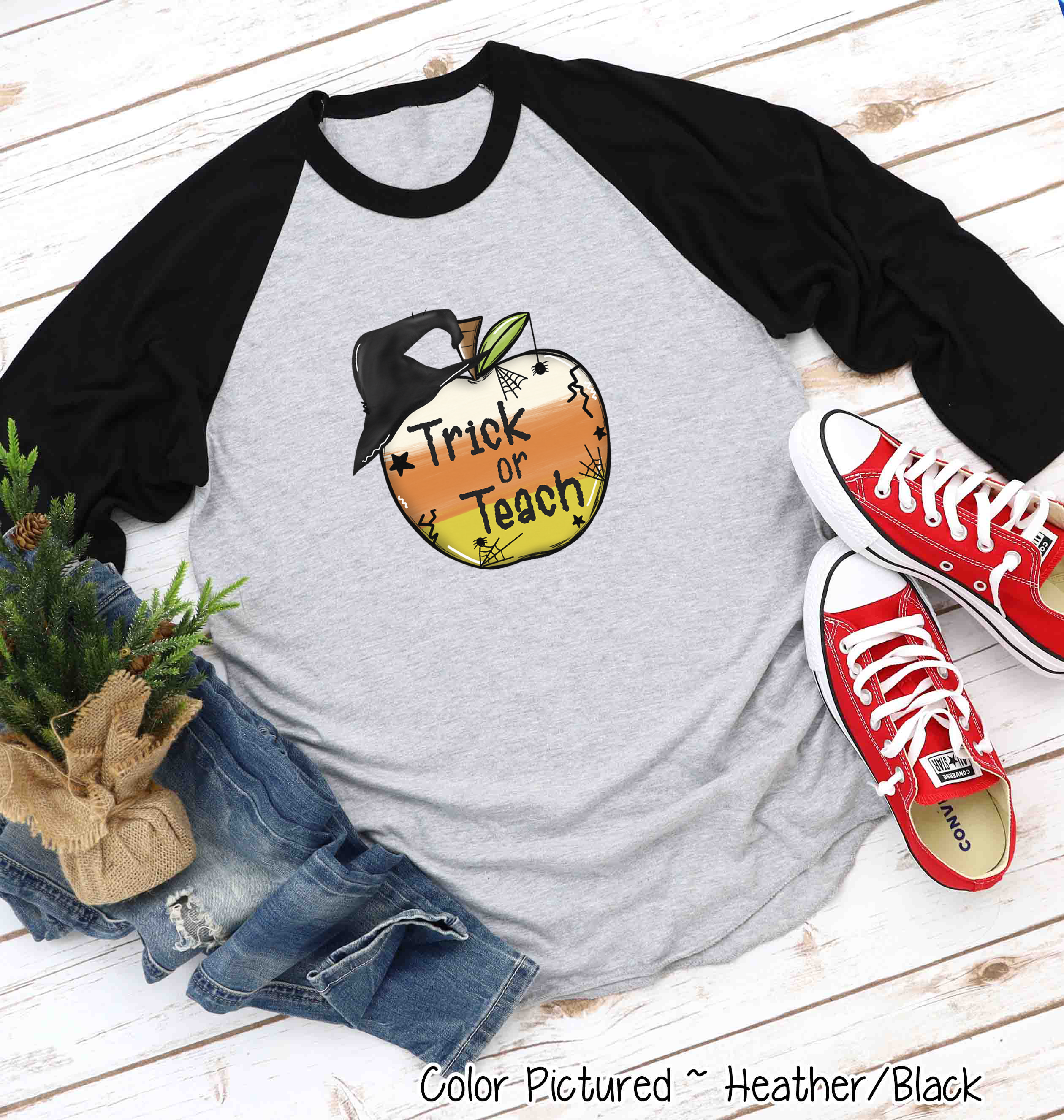 Trick or Teach Candy Corn Apple Halloween Teacher Raglan Shirt