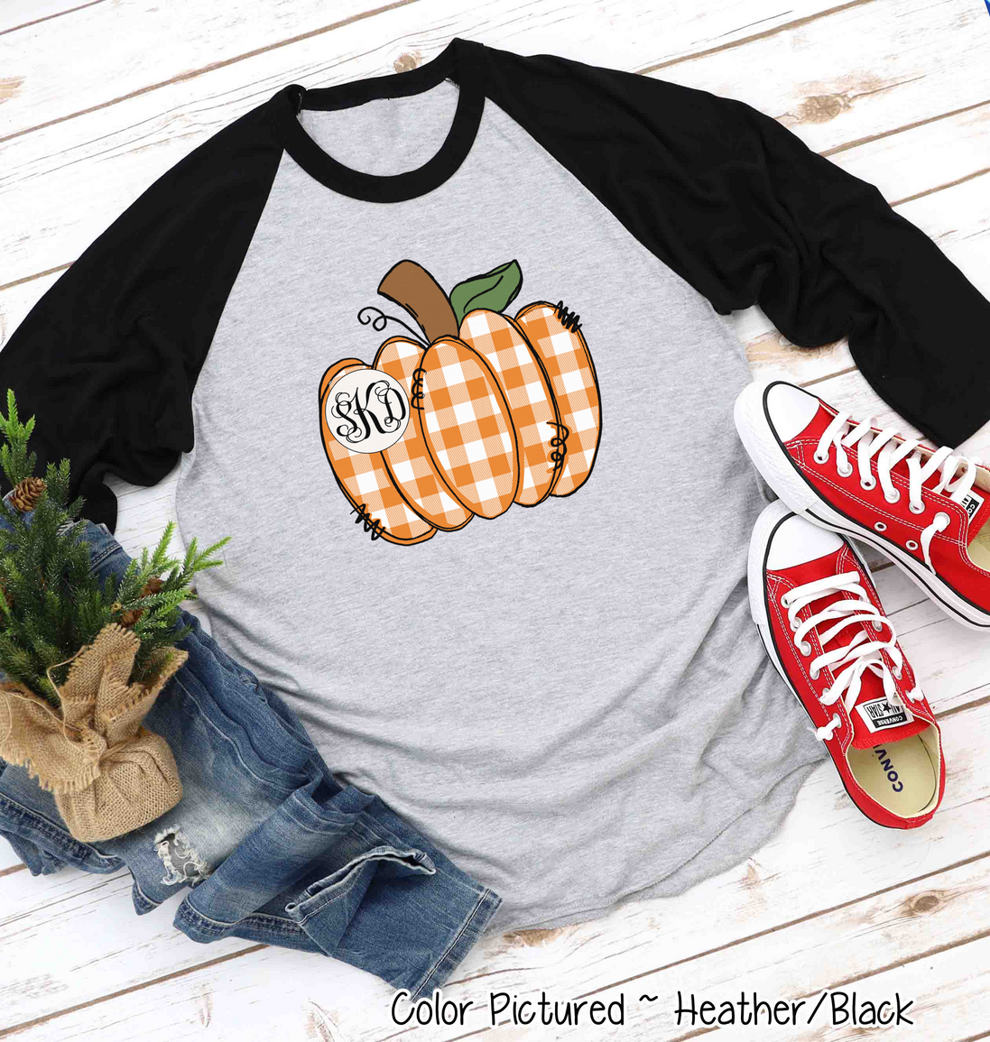 Orange Plaid Country Pumpkin Monogram Raglan Tee