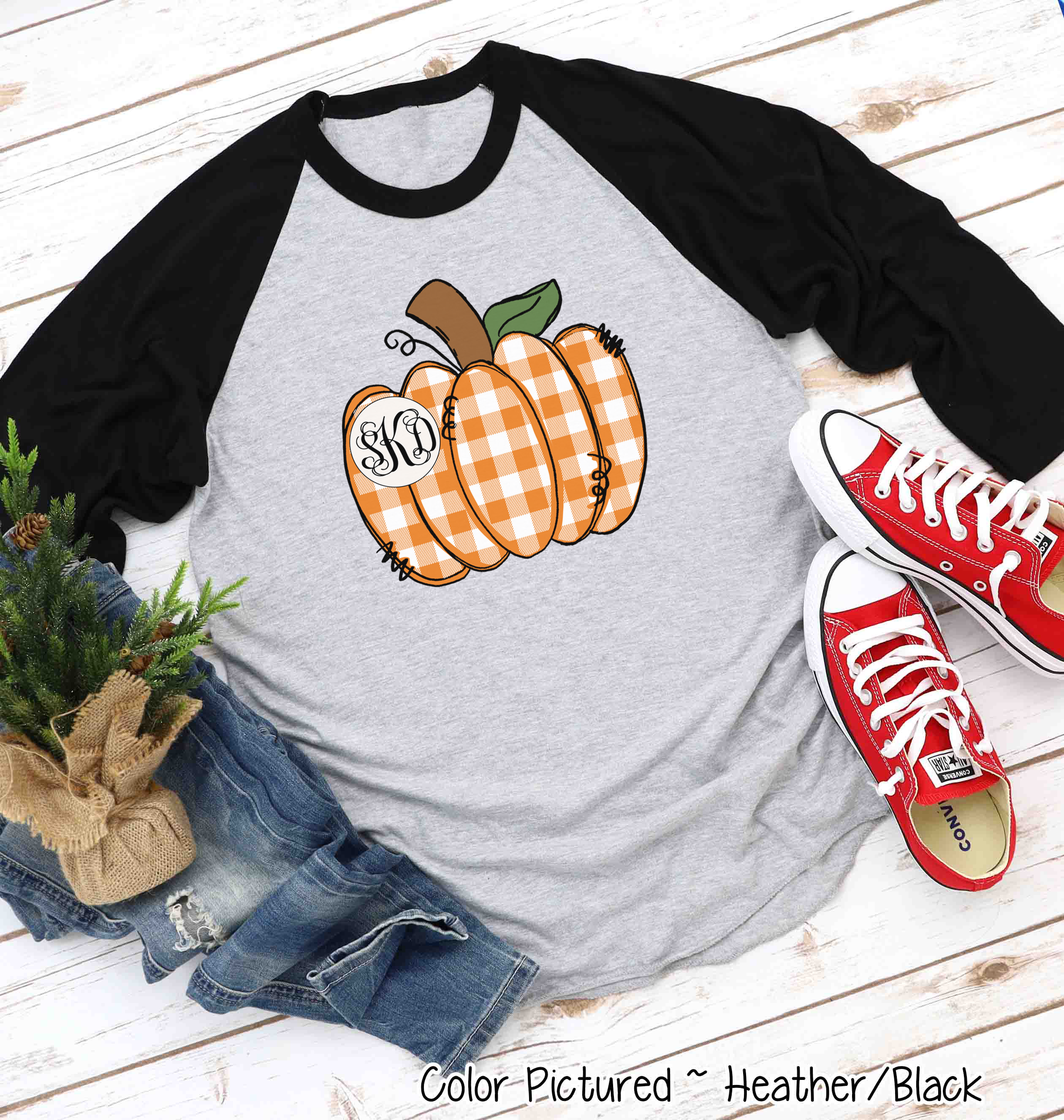 Orange Plaid Country Pumpkin Monogram Raglan Tee