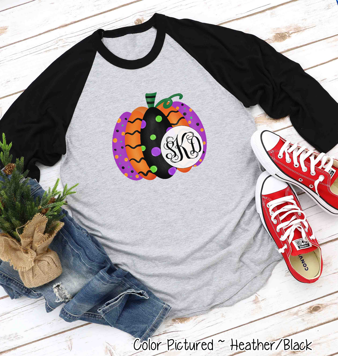 Monogrammed Colorful Halloween Pumpkin Raglan Shirt