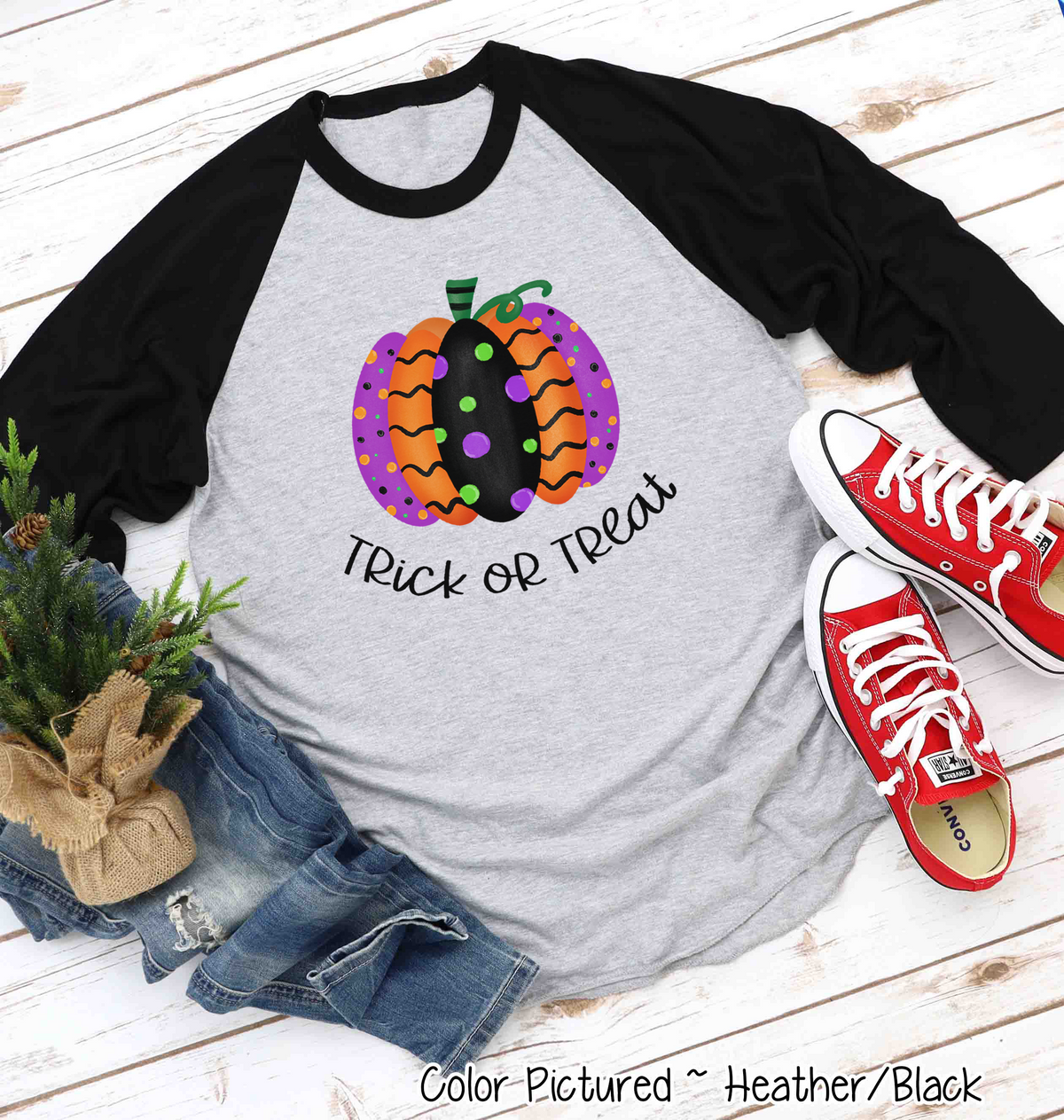Halloween Fancy Pumpkin Trick or Treat Raglan Shirt