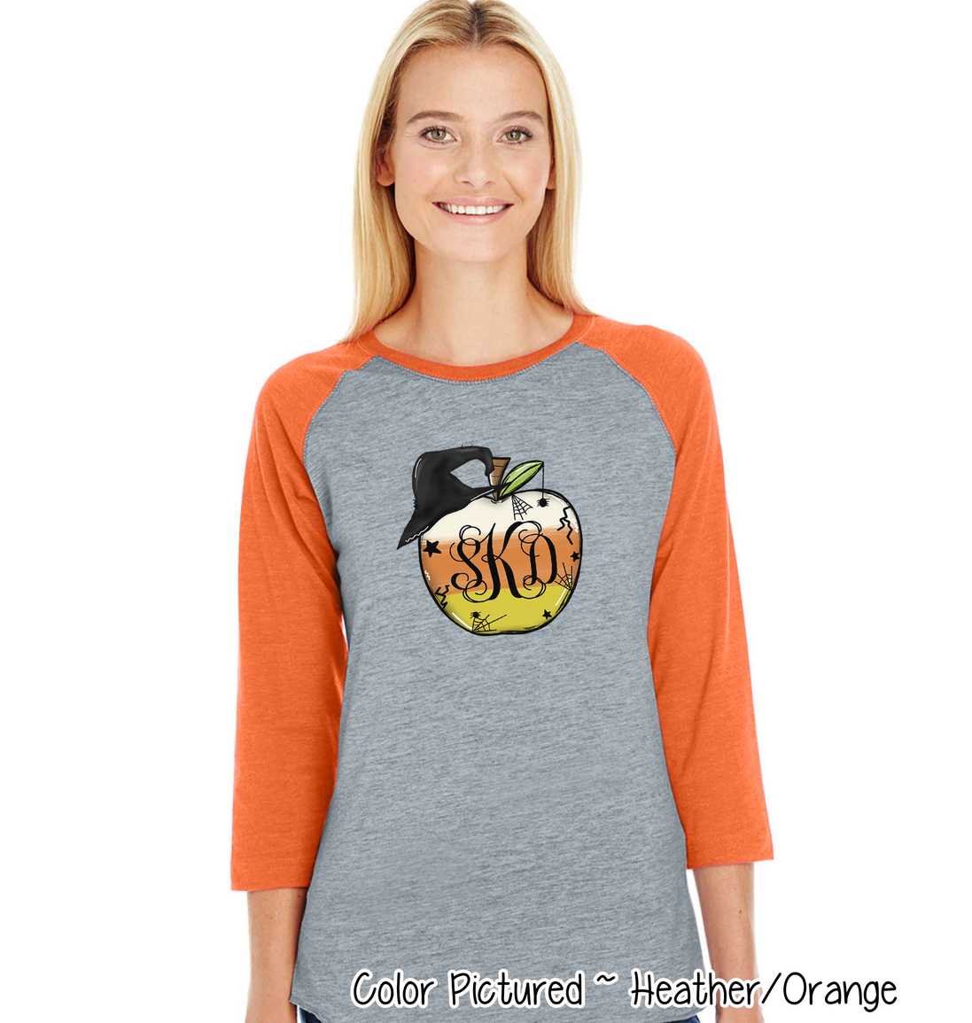 Monogramed Candy Corn Apple Halloween Teacher Raglan Tee