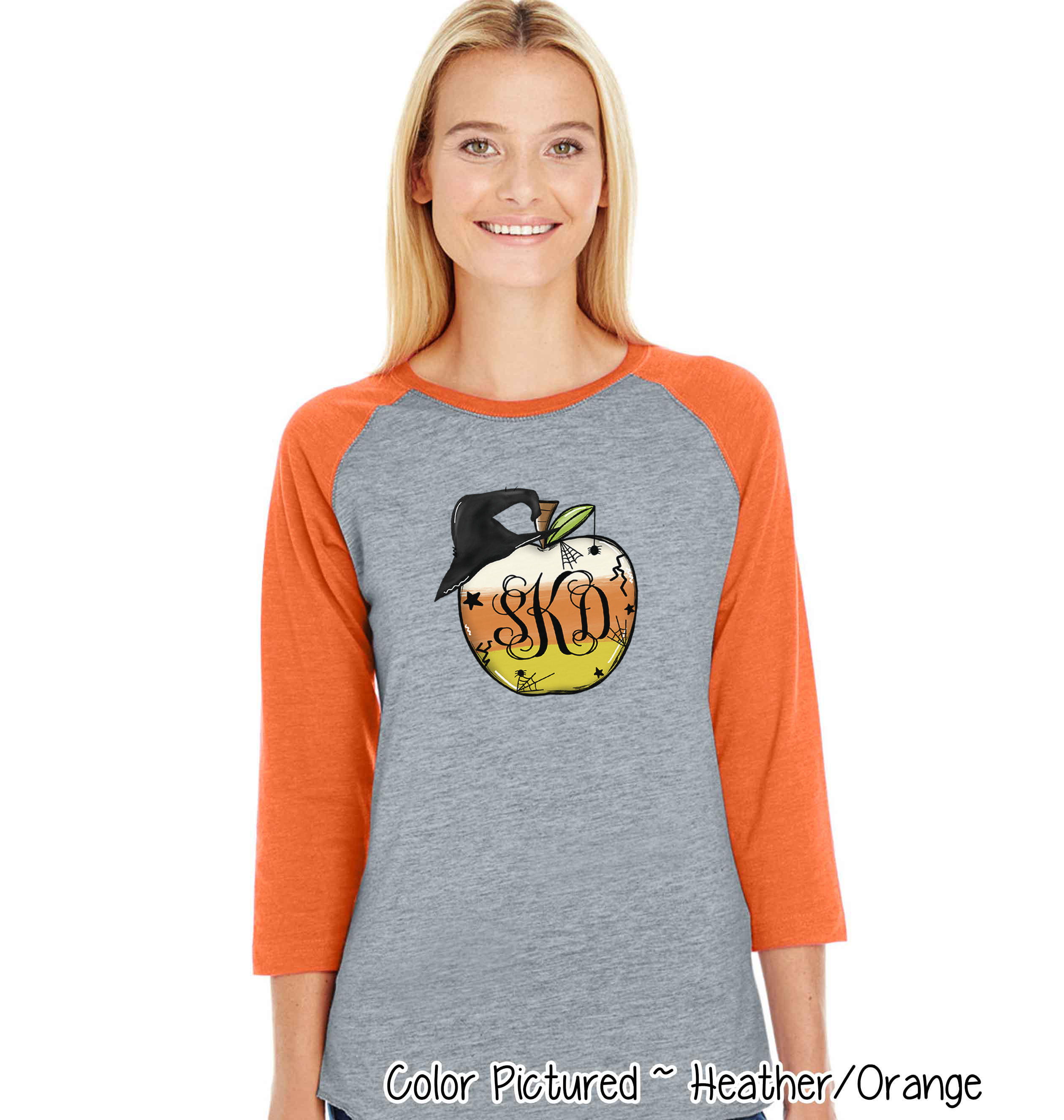 Monogramed Candy Corn Apple Halloween Teacher Raglan Tee
