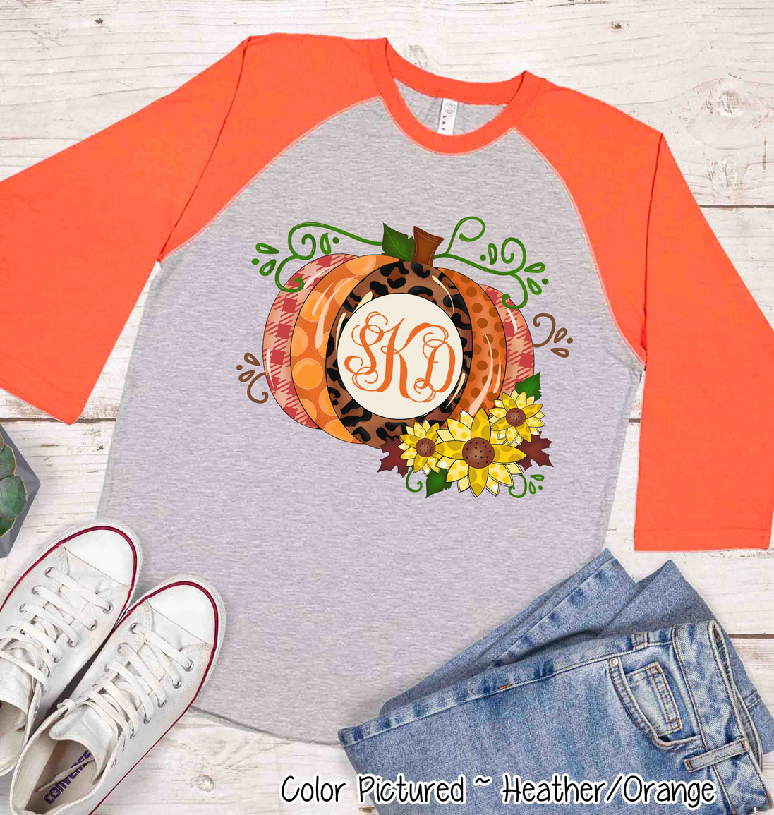 Monogram Pumpkin with Sunflower Fall Raglan Tee