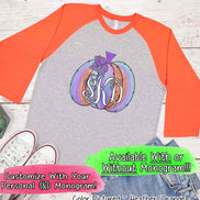 Purple Watercolor Monogram Pumpkin Raglan Tee
