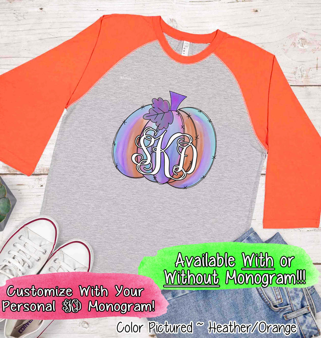 Purple Watercolor Monogram Pumpkin Raglan Tee