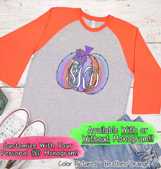 Purple Watercolor Monogram Pumpkin Raglan Tee