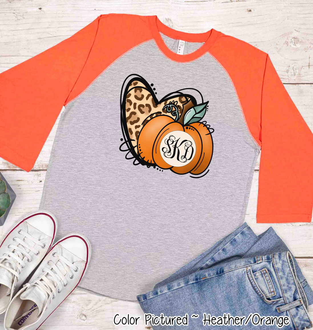 Leopard Heart and Fall Monogram Pumpkin Raglan Tee