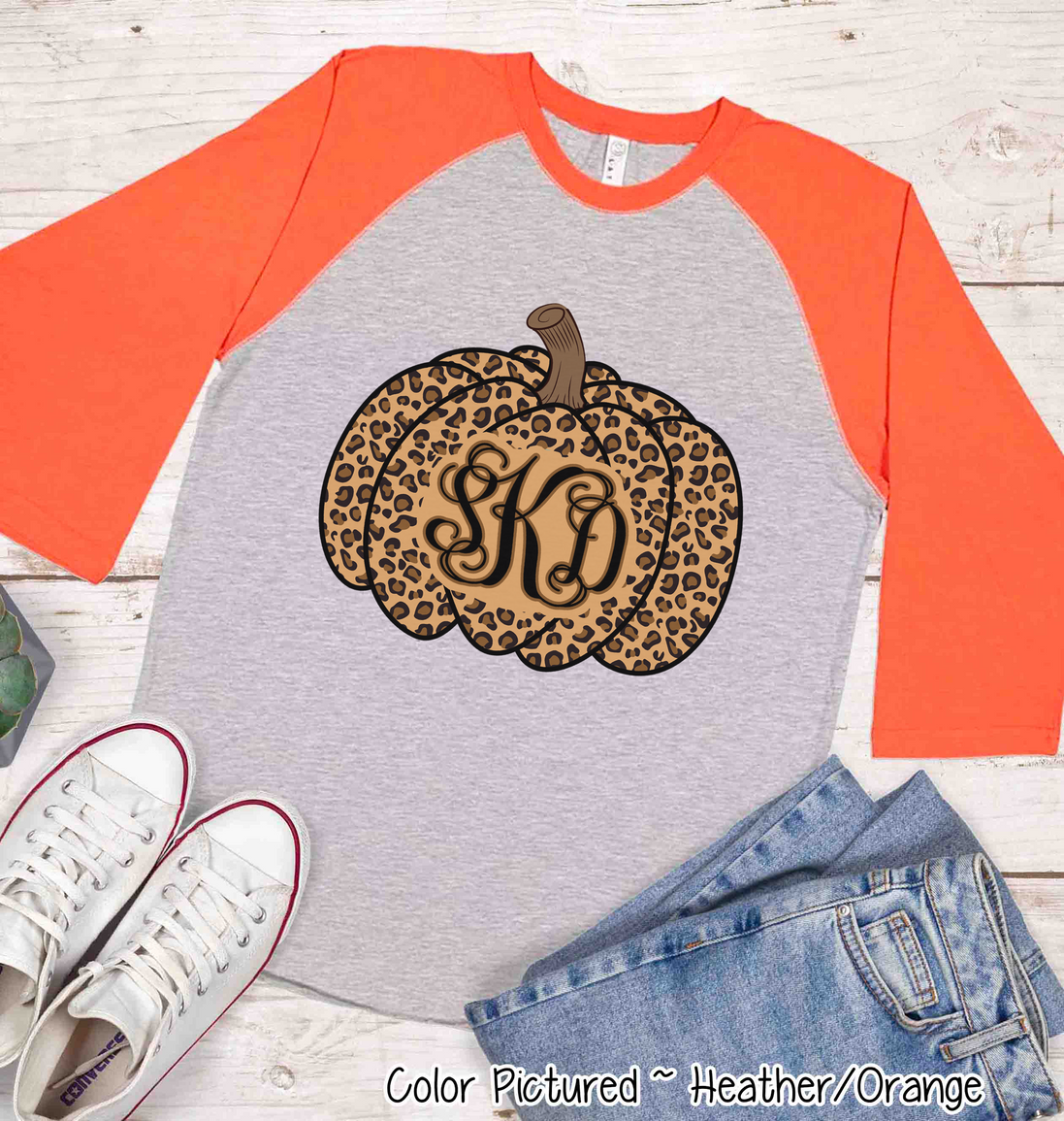 Leopard Monogram Pumpkin Fall Raglan Tee