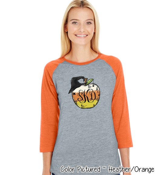 Monogramed Candy Corn Apple Halloween Teacher Raglan Tee