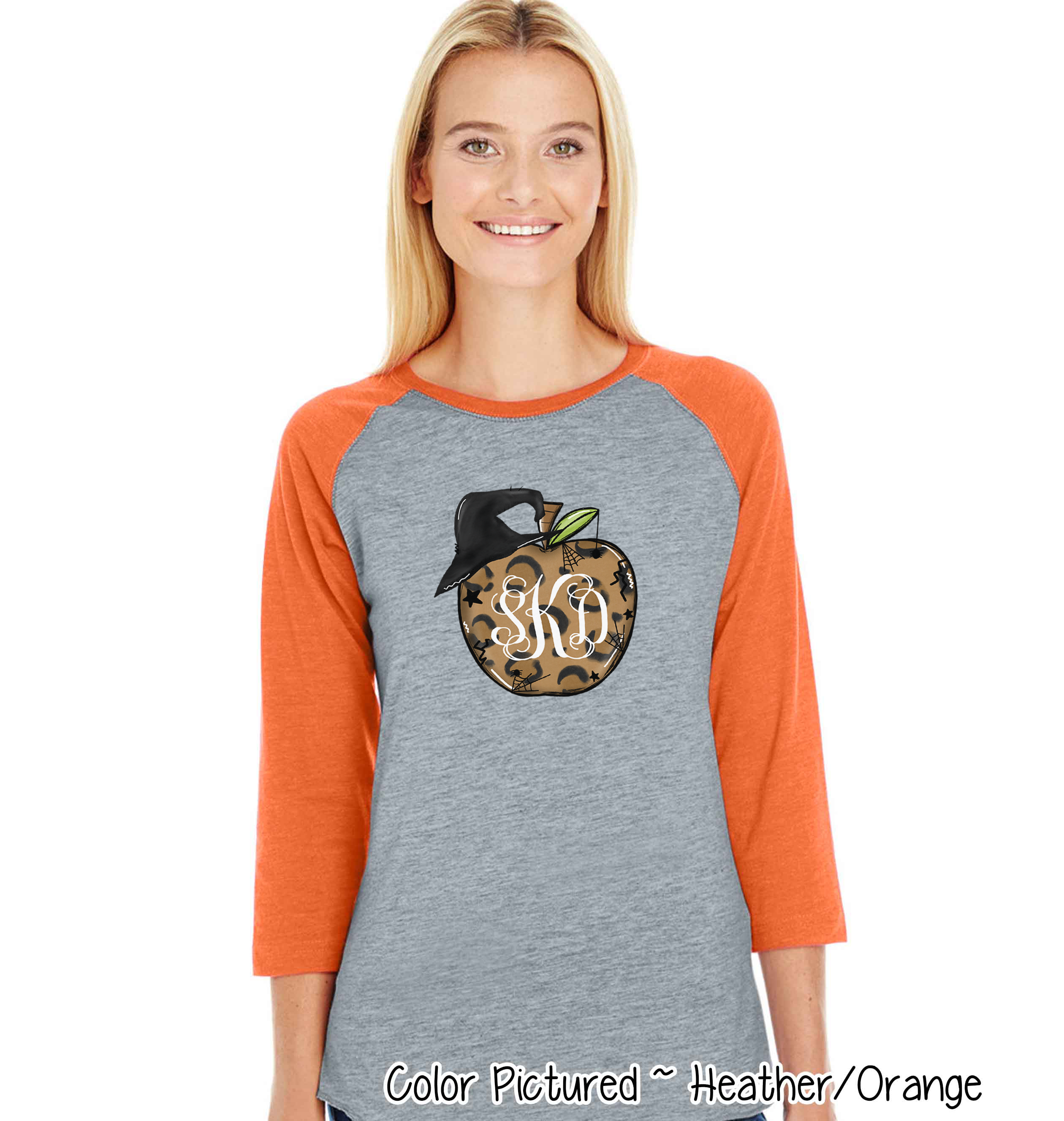 Monogramed Leopard Apple Halloween Teacher Raglan Tee