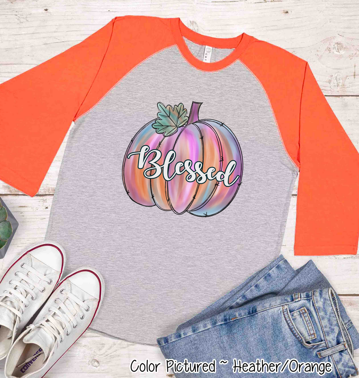 Pink Watercolor Blessed Pumpkin Raglan Tee