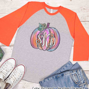 Pink Watercolor Monogram Pumpkin Raglan Tee