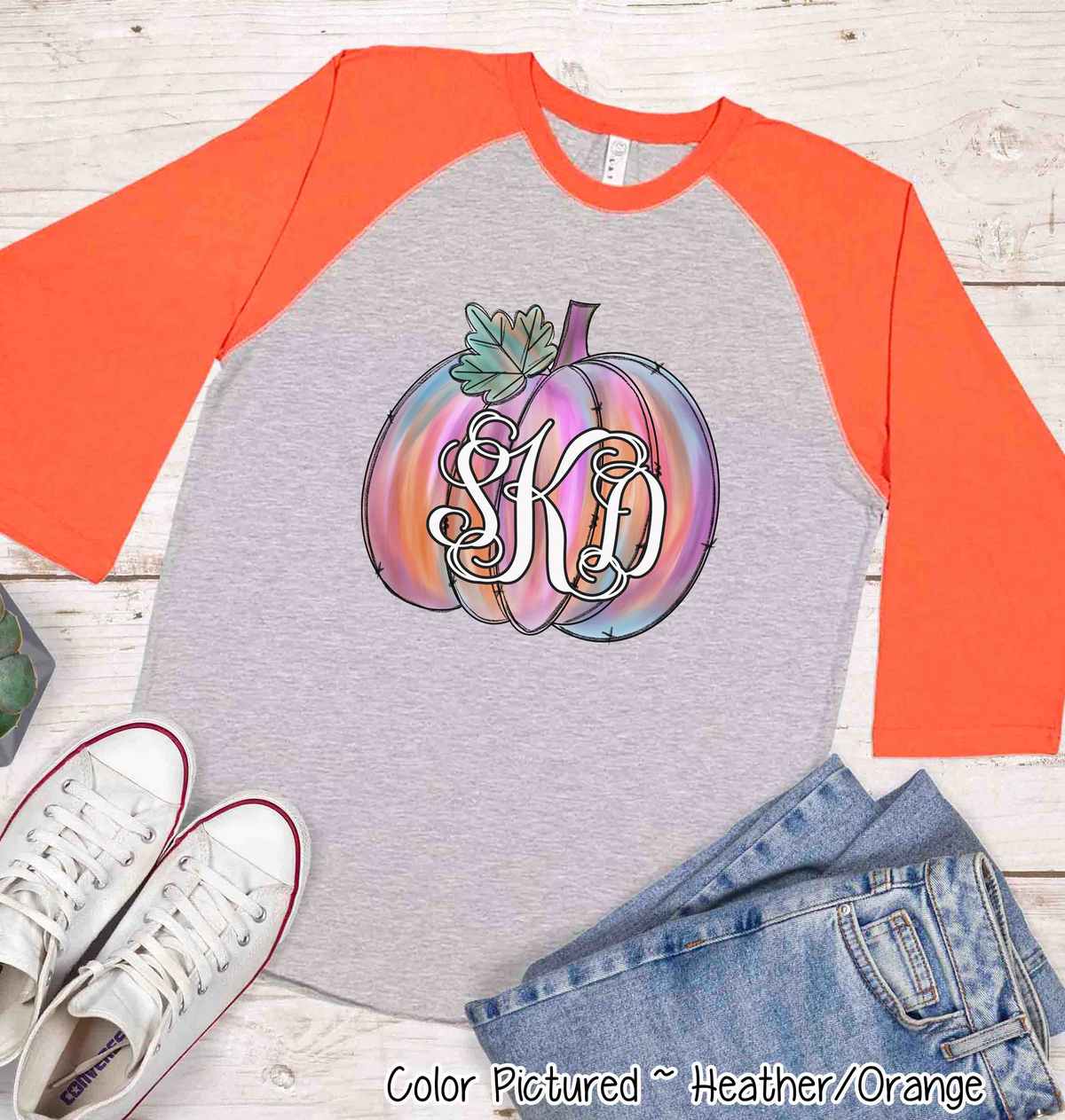 Pink Watercolor Monogram Pumpkin Raglan Tee